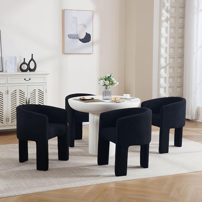 Modern Sherpa Barrel Dining Chairs Set of 3, Upholstered Boucle Kitchen Accent Dining Chairs with Arms Comfy Makeup Vanity Chair, Black