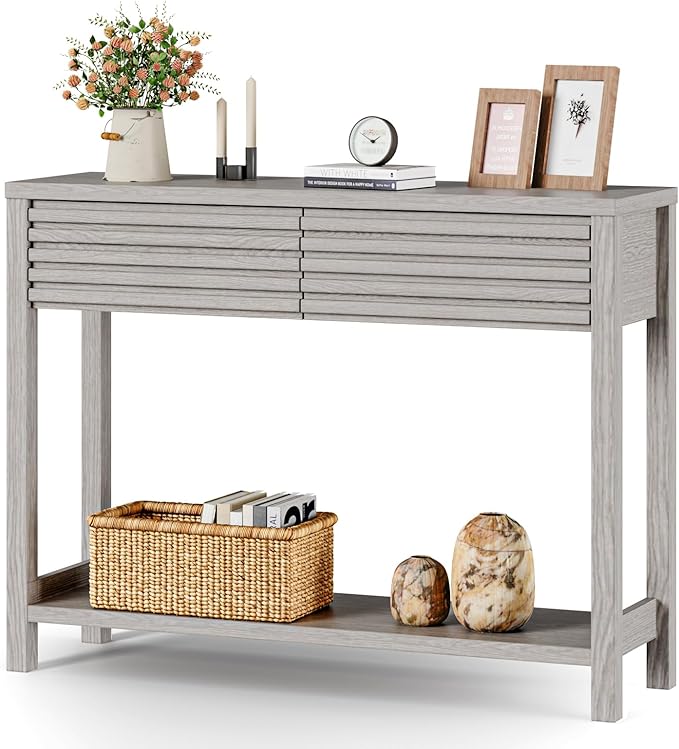 EAG 40" Fluted Console Table with 2 Drawers, Modern Wood 2 Tier Entryway Table with Storage Shelf, Narrow Sofa Tables Behind Couch for Entrance Foyer, Hallway, Living Room, Gray