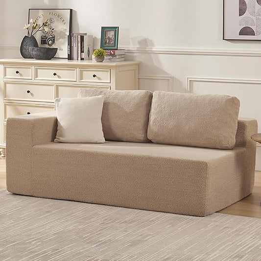 Loveseat Sofa, Cloud Modular Sofa Couch, Upholstered Floor Sofa with Deep Seat, Upholstered Foam Couch for Bedroom Living Room, No Assembly Required (Teddy Boucle, Camel)
