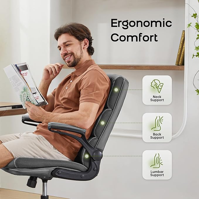 Office Chair Adjustable Desk Chair Mid Back Executive Comfortable Bonded Leather Ergonomic Back Support Home Computer Chair with Padded Flip-up Armrest Swivel Wheels (Gray)