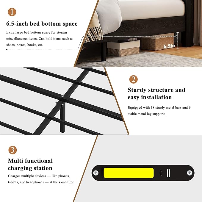 Farmhouse Queen Size Bed Frame with Headboard Storage Shelf, Wood Platform Bed Frame with LED Lights & Charging Station, Rustic Black Metal Bed, No Box Spring Needed, Noise-Free Sturdy Structure
