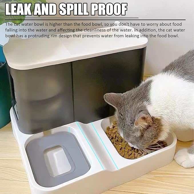 kathson All-in-One Automatic Cat Feeder and Water Dispenser Set Gravity Cat Food and Water Bowl Set Automatic Pet Feeder and Water Dispenser for Small Dogs Puppy Cats Pets(Grey)