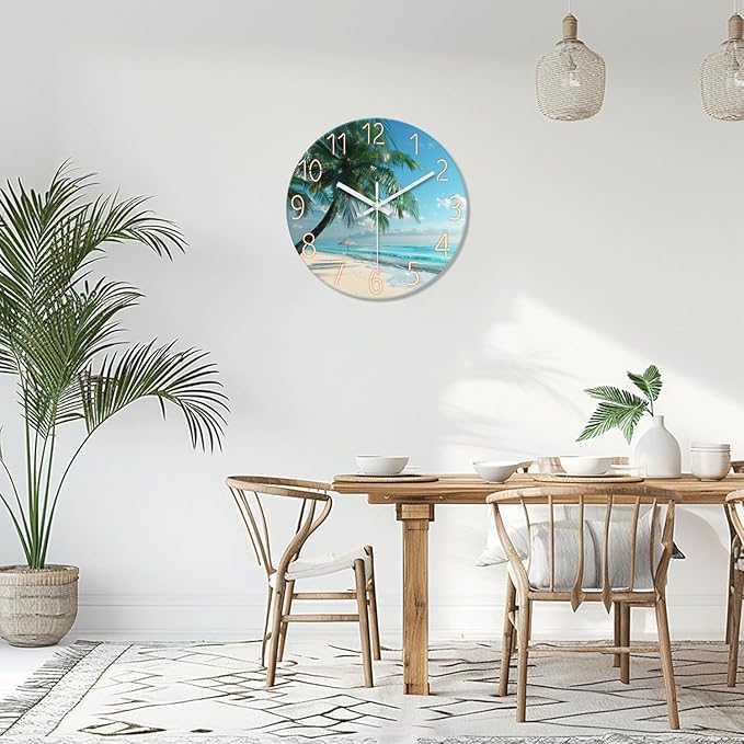 XFM Blue Beach Wall Clock 20 Inch Silent Wall Clocks Battery Operated Coastal Theme Palm Tree Wall Clock Decorative for Living Room Kitchen Bedroom Office