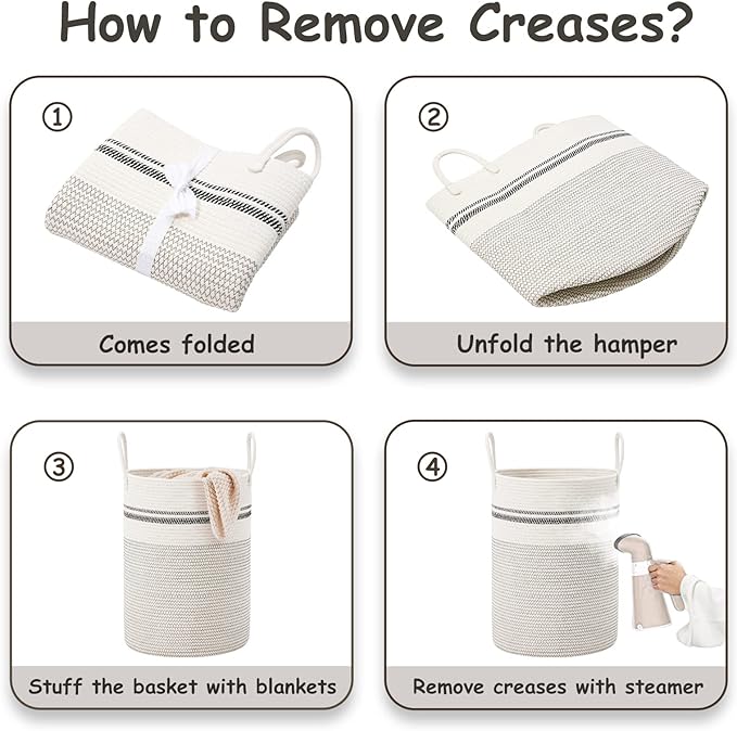 VIPOSCO Large Laundry Hamper, Tall Woven Rope Storage Basket for Blanket, Toys, Dirty Clothes in Living Room, Bathroom, Bedroom - 58L Stripe White