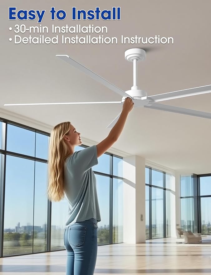 Ceiling Fans Outdoor Waterproof, 72 Inch Industrial Ceiling Fans without Lights, Large White Ceiling Fan No Light with 5 Aluminum Blade, Reverse DC Motor, Outdoor Fans for Patio Shop Garage LivingRoom