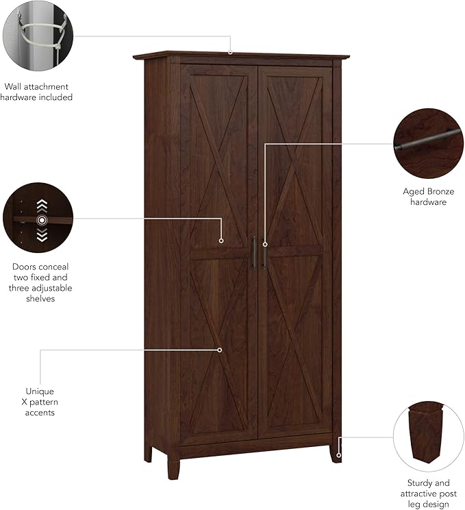 Bush Furniture Key West Tall Storage Cabinet with Doors and Shelves in Bing Cherry, 2 Door Organizer for Home Office, Living Room, Entryway