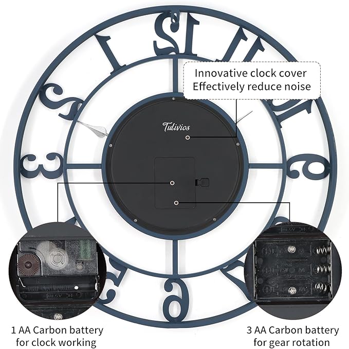 24 Inch Large Wall Clocks for Living Room Decor with Moving Gears,Large Wall Clock Industrial Steampunk,Oversized Metal Analog Wall Clocks for Farmhouse Home Battery Operated