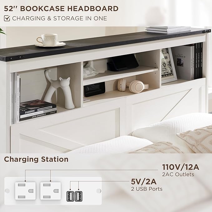 ACCOHOHO Full Bed Frame with 52" Tall Headboard and 4 Drawers,LED Light,Charging Station,Solid Wood Slats Support,No Box Spring Needed,White