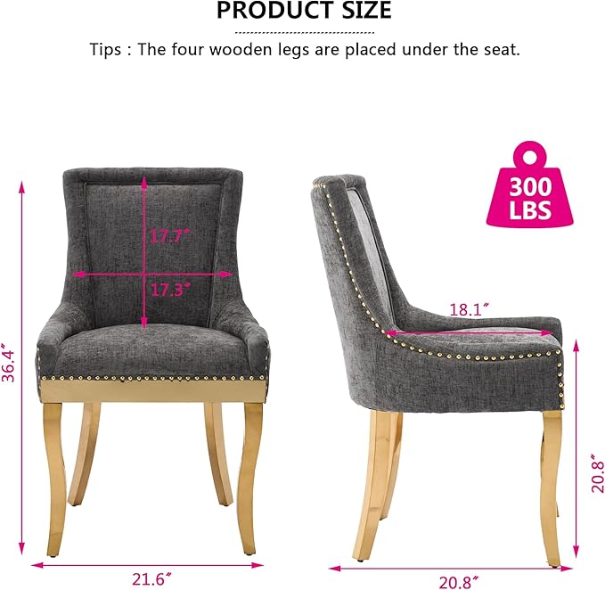 Luxury Fabirc Upholstered Dining Chairs Set of 6,Neutral Chenille Kitchen Room Chair with Nailhead Trim,6 Piece Modern Side Chairs for Dining Room,Living Room,Bar (Grey-Gold, Set of 6)