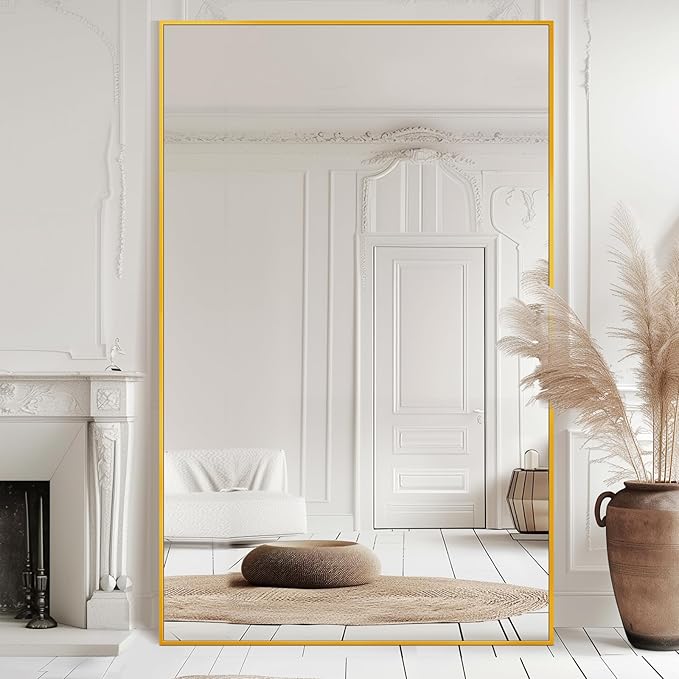 Full Length Mirror, 72"x44" Floor Mirror Freestanding, Oversized Floor Standing Full Body Mirror with Stand for Bedroom, Hanging Mounted for Living Room Cloakroom, Gold, Rect