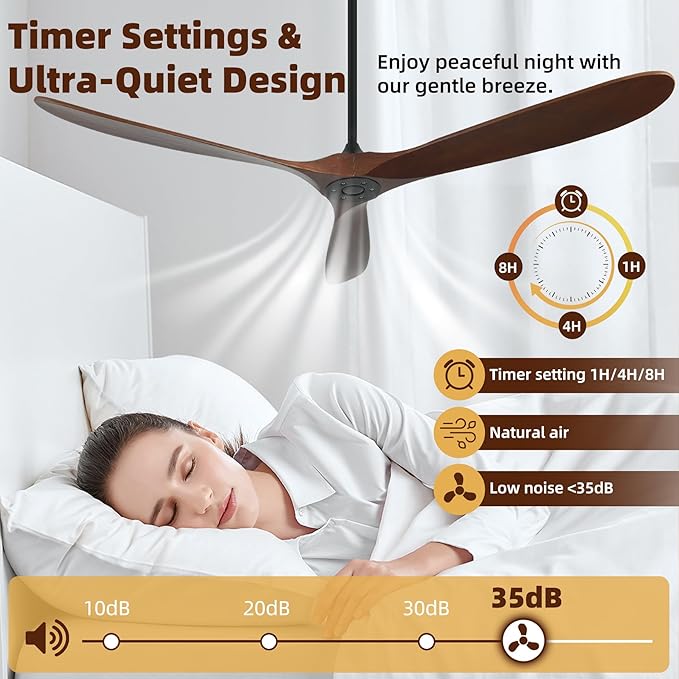 Ceiling Fan Without Light, 72 Inch Smart Wood Ceiling Fan no Lights, Compatible with Alexa/Google, 3 Natural Walnut Blades, Remote, Quiet Reversible DC Motor for Indoor Outdoor
