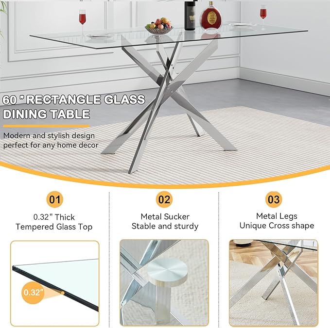 Goujxcy Glass Dining Table Set for 6, Modern Kitchen Table and Chairs Set of 6, 7-Piece Kitchen Dining Room Table Set w/61 Glass Silver Dining Table and 6 Black Velvet Upholstered Chairs