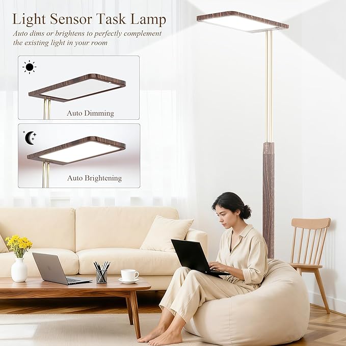 STERREN Modern Vintage Industrial LED Floor Lamp, Eye-Care Height Adjustable Free-Standing Lamps, Full Spectrum Light for Reading, Office, Meeting Room, 2700-5000K, Black Walnut Wood Finish