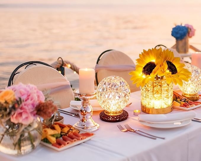 Crystal Cube LED Night Light with Sunflower Vase, USB Rechargeable Table Lamp, 3 Color Modes, Touch Control, Decorative Accent Light for Bedroom, Home (Crystal Column/Pillar (Sunflower))