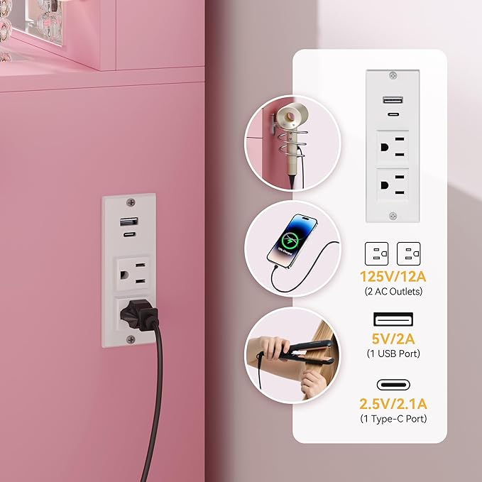 DWVO 46'' Glass Top Makeup Vanity with 10 Drawers, Vanity Desk Set with Large LED Mirror, Built-in Charging Station, Cushioned Storage Chair, 3-Color Light Modes