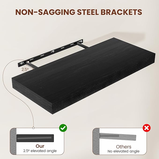 Vivelove 2" Thick Floating Shelves for Wall 55 Inches Long, 12" Deep Wall Shelves, for Bedroom, Bathroom, Living Room, Kitchen, Office, Modern Home Decor, 55" X 12" X 2", Set of 2, Black