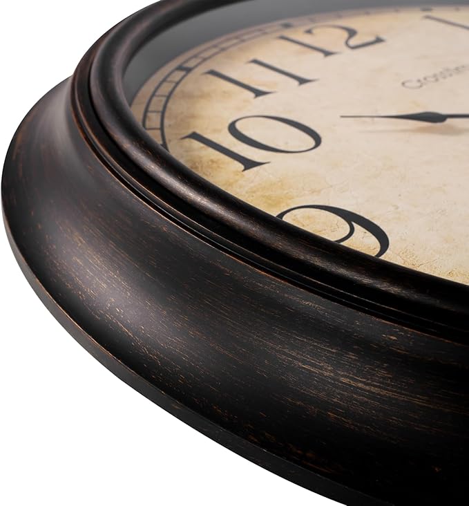 24 Inch Wall Clock Battery Operated Silent Round Vintage Large Wall Clocks for Living Room Farmhouse Decor, Black-Brown