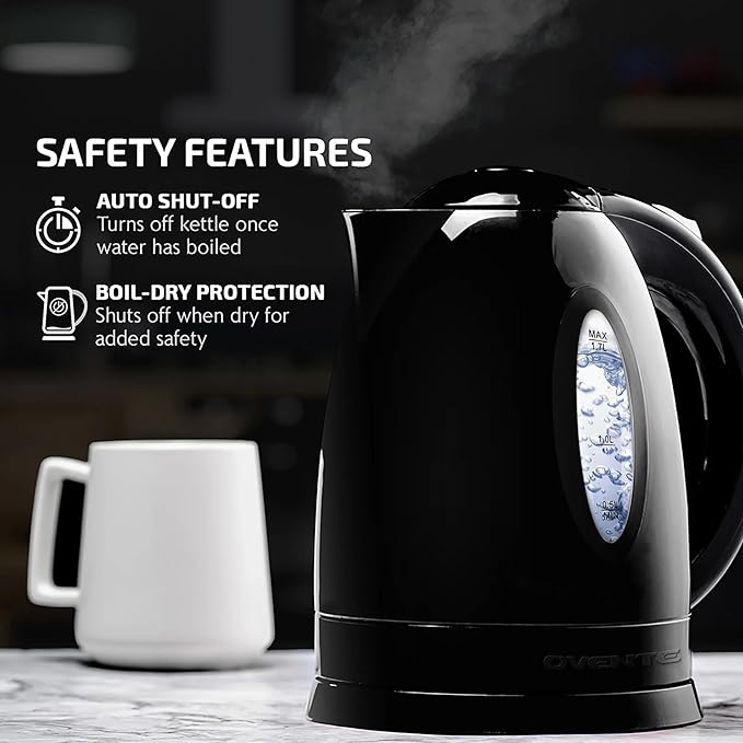 OVENTE Electric Kettle, 1.7L Fast Boiling Water Heater for Coffee or Tea, BPA Free with Water Level Gauge, Auto Shut-Off, Boil-Dry Protection, Indicator Light and Removable Filter, Black KP72B