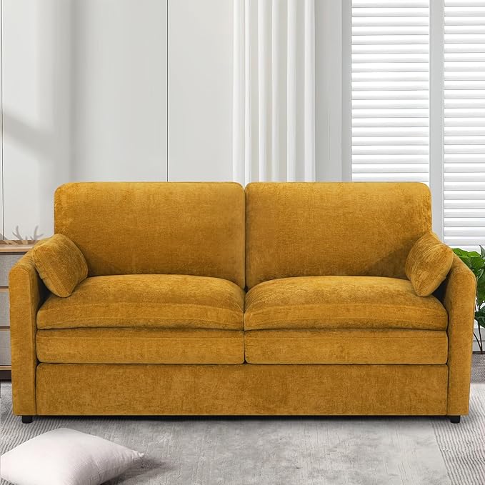 69" Chenille 2 Seats Sofa with 2 Pillows, Modern Upholstered Sofa with Deeper Seats, Comfy Sofa with Thickened Cushions for Living Room, Apartment, Yellow
