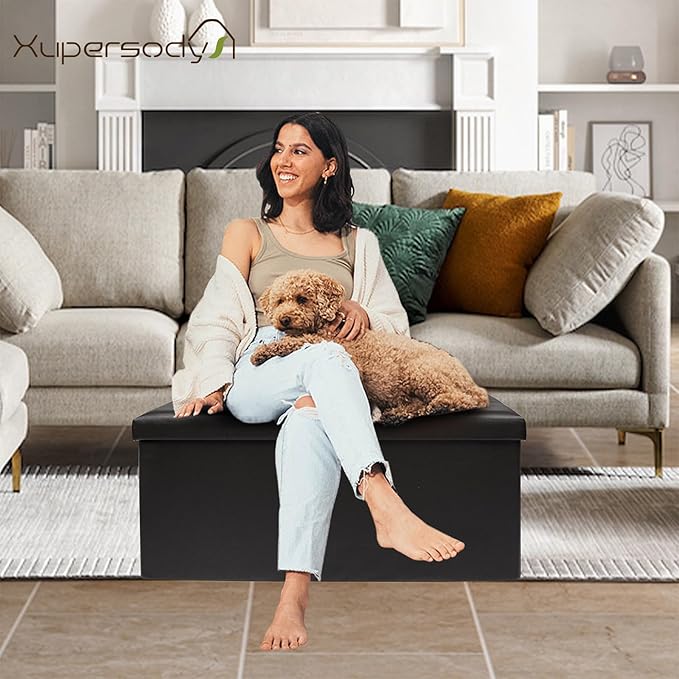 30 Inches Folding Storage Ottoman Bench, Faux Leather Footstool Ottoman, Storage Trunk Footrest for Bedroom, Living Room and Hallway, Support 350lbs, Black（Black line）