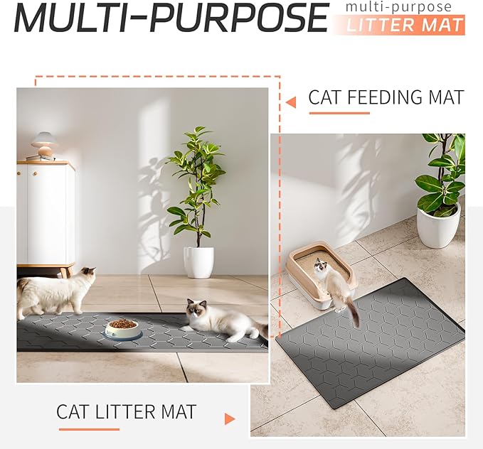 Silicone Cat Litter Mat with Raised Edges, Waterproof/Urineproof, Litter-Collecting Interior Ridges, Soft & Pet-Friendly (24"x16"-Dark Grey)