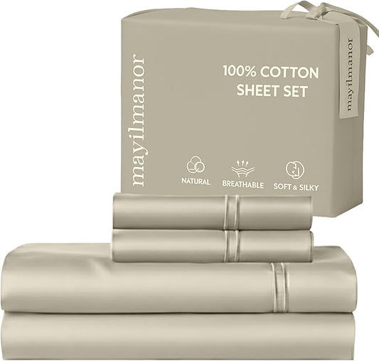 100% Natural Cotton Sheets Queen Size Bed Set | 500 TC Single-Ply Sateen Weave | Breathable & Hypoallergenic Solid 4-Piece Bedding with Deep Pocket Fitted, Flat, Pillowcase | Cream Beige