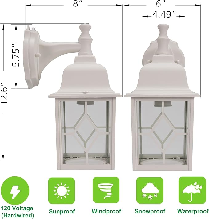 LIT-PaTH Dusk to Dawn Outdoor Wall Lantern, White Large Exterior Wall Light Fixture, E26 Base, Anti-Rust Aluminum Porch Lighting for Outside, Patio, Garage, 1 Pack