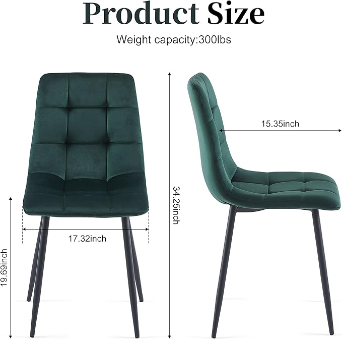 Velvet Dining Chairs Set of 4 - Green Dining Room Chairs with Metal Legs Ideal for Kitchen, Dining Room - Kitchen Chairs Set for 4