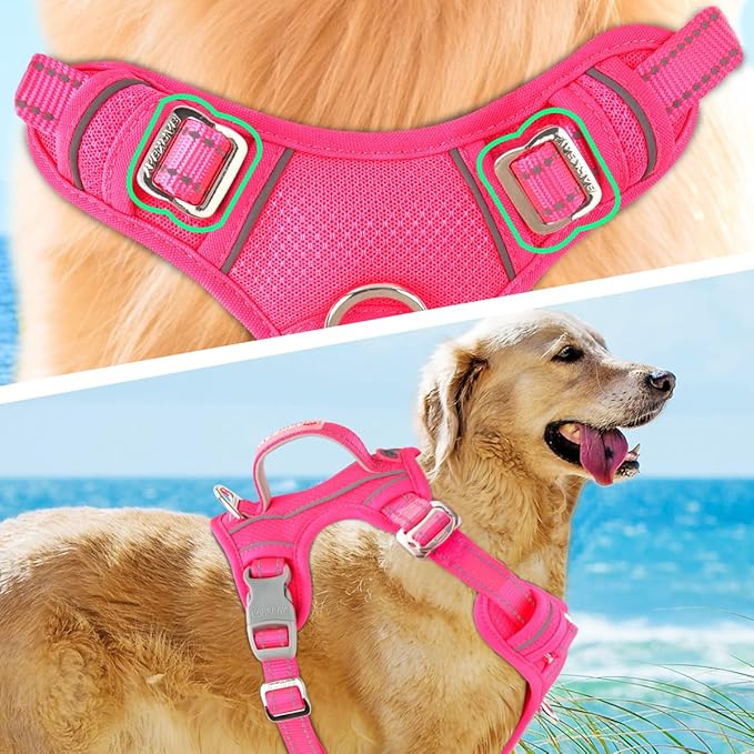 BARKBAY No Pull Dog Harness 3 Buckles Large Reflective Dog Harness with Front Clip and Easy Control Handle for Walking Training Running with ID tag Pocket(Pink,S)
