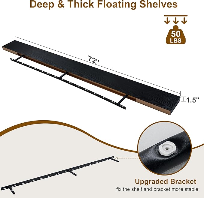 Fun Memories 72Inch Floating Shelves,Wall Mounted Rustic Wood Floating Shelf with Invisible Brackets for Storage & Decor,2 Pack Shelves for Bathroom,Bedroom and Kitchen,Black