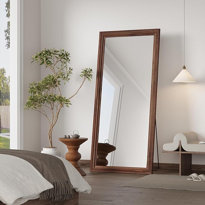 Full Length Mirror,71x32 Inch Full Length Mirror Wall Mounted,Vertical Hanging,Leaning Standing for Bedroom,Living Room,Rectangular Wooden Frame,Wood Brown Color.