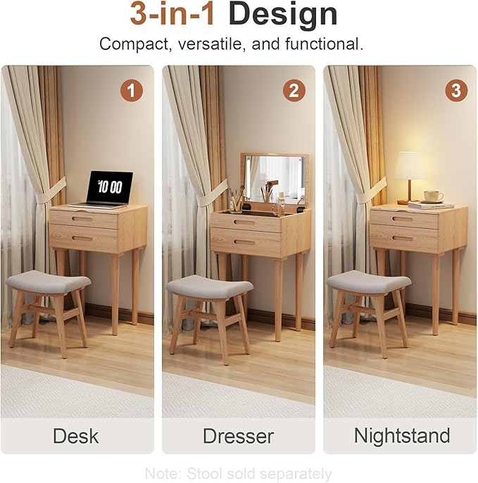Solid Wood Small Vanity Desk with Mirror and Lights, Narrow Makeup Vanity for Small Space, Flip Top Vanity Side Table, 3 Color Modes & Adjustable Brightness, 19.6" Slim Dressing Table, Natural