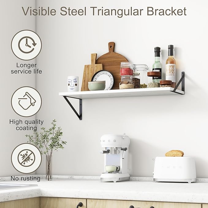 12 Inch Deep Floating Shelves, 30W x 12D Wall Shelves with Brackets, White Floating Shelves 30 Inch Long, Rustic Wood Wall Shelf, Wide Storage Display Shelf for Kitchek, Living Room, Bathroom