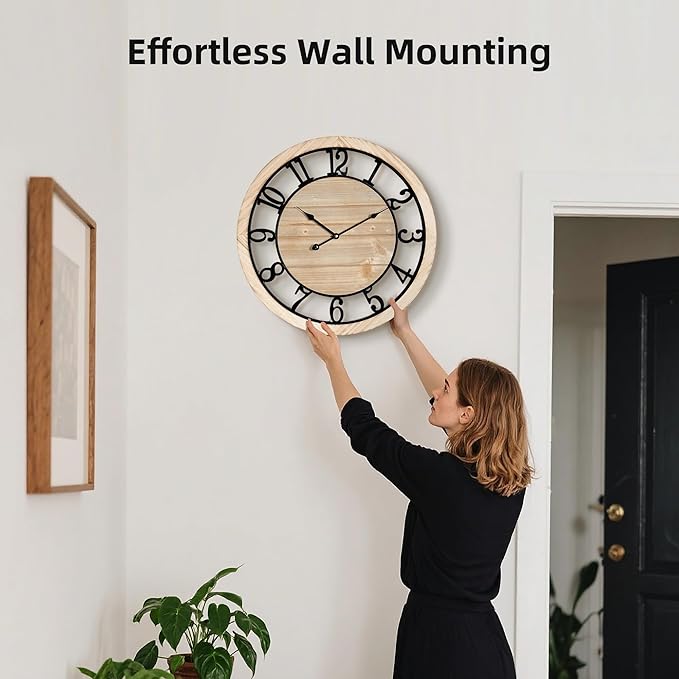 Maxstar 20'' Wall Clock for Living Room Decor, Ultra-Silent Rustic Wooden Farmhouse Wall Clock with Metal & Real Wood Frame, Battery Operated, for Kitchen Bedroom Office, Arabic Numerals