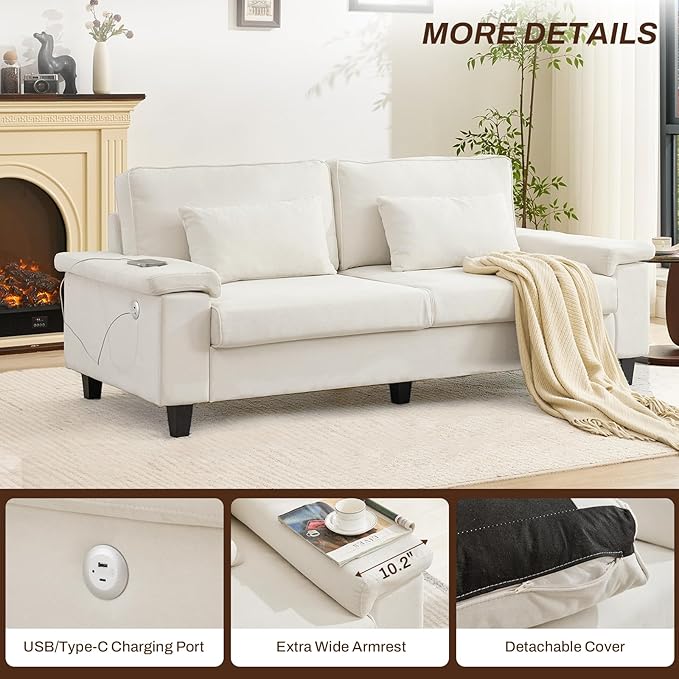 3 Seater Couch for Living Room, 79'' Comfy Deep Seat Sofa with Adjustable Armrests & USB/Type-C Charging Ports, Mid Century Modern Couch for Bedroom, Home Office, White
