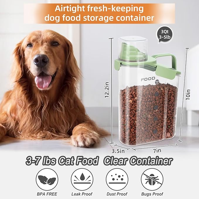 3-5Lbs Airtight Small Cat and Dog Food Storage Containers with Pet Folding Bowl, BPA Free Pet Containers with Large Pour Spout/Measuring Cup/ 3 Safety Locks/Double-Layer Silicone Strip