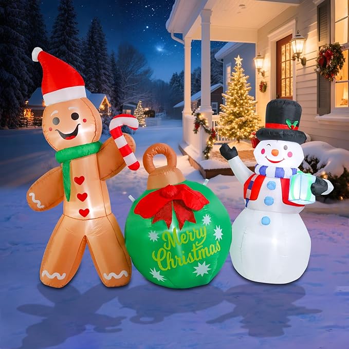 Bshine Christmas Inflatable Outdoor Decorations, 5.9FT Cute Gingerbread Man Snowman Celebration Sign Blow Up Yard Decor with LED Lighted for Holiday Xmas Outdoor Indoor Home Garden Lawn Decorations