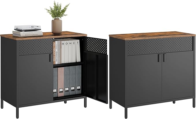 SONGMICS Set of 2 Storage Cabinets, Metal Cabinet, Sideboard with 2 Doors, 15.7 x 31.5 x 29.9 Inches, Magnetic Closure, Adjustable Shelf, Steel Frame, Rustic Brown and Black ULSC791B01