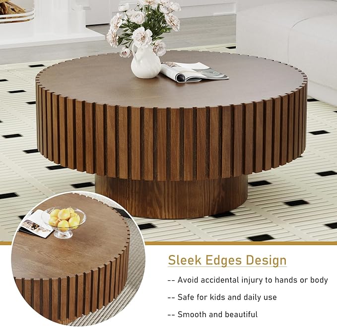Round Drum Coffee Table 31.5" Wooden Coffee Tables Handcrafted Fluted Drum Coffee Table Modern Luxury Circle Center Table Vintage Farmhouse Center Table for Living Room (Round Dark Brown)