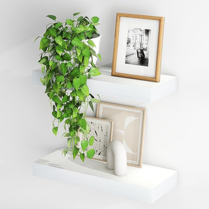 Fun Memories Floating Shelves for Wall, 20Inch Floating Shelves Set of 2, Hanging Shelf with Invisible Brackets, Wood Shelves for Living Room, Bedroom, Kitchen, White
