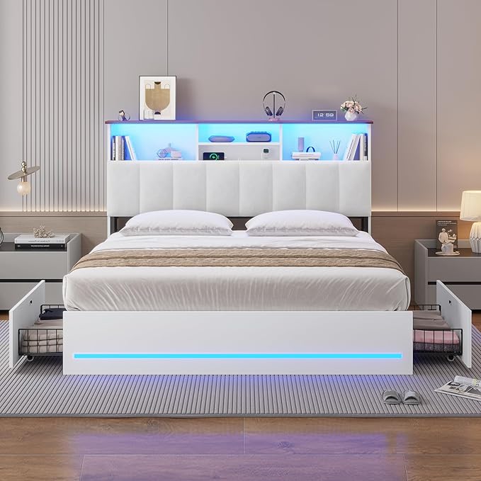 AOGLLATI Queen Bed Frame with Stylish Bookcase Headboard & Charging Station & LED Lights,Queen Size Bed Frame with 4 Drawers, Metal Slats, No Box Spring Needed,White
