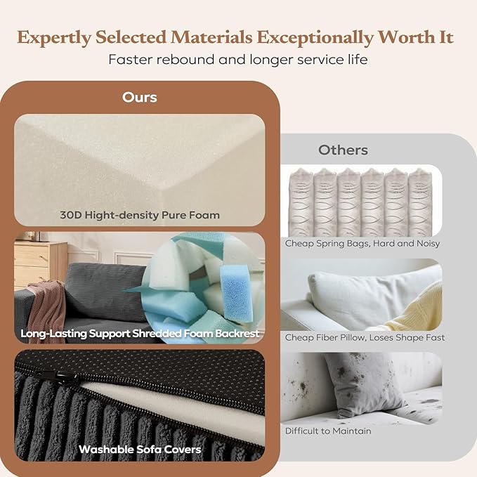 Loveseat Sofa, Cloud Modular Sofa Couch, Upholstered Floor Sofa with Deep Seat, Upholstered Foam Couch for Bedroom Living Room, No Assembly Required (Corduroy Fabric, Grey)