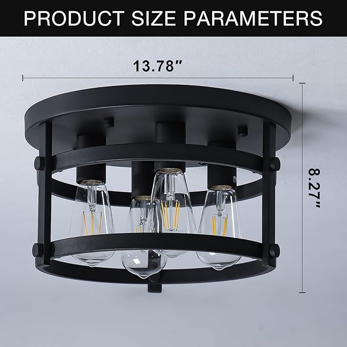 4-Light Retro Farmhouse Flush Mount Round Vintage Metal Ceiling Light Fixtures, Rustic Ceiling Lamp for Kitchen Island Hallway Entryway Bedroom Dining Room, E26 Bulbs, 13.78"