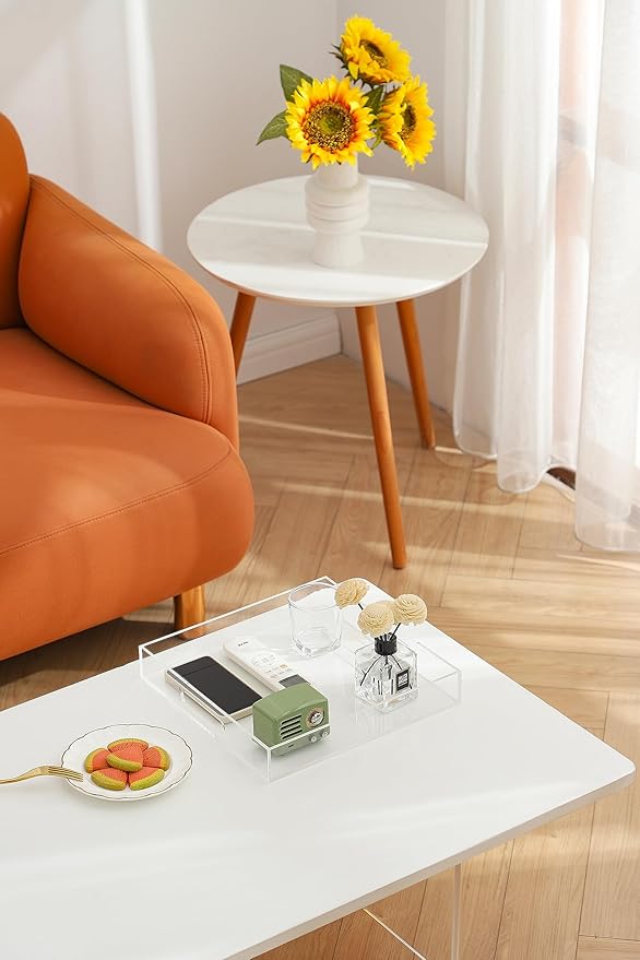 Clear Sturdy Acrylic Serving Tray with Handles-12x12 Inch-Serving Coffee,Appetizer,Breakfast,Butler-Kitchen Countertop Makeup Drawer Organizer-Vanity Table,Ottoman Tray
