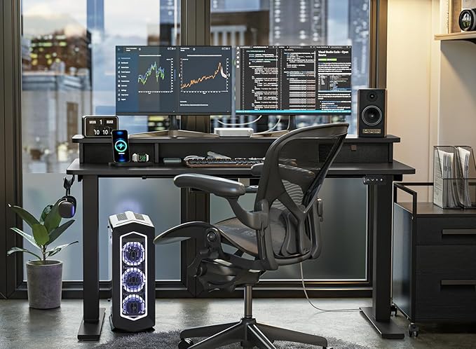 FEZIBO 55 x 24 Inch Height Adjustable Electric Standing Desk with Double Drawer, Stand Up Desk with Storage Shelf, Sit Stand Desk, Black