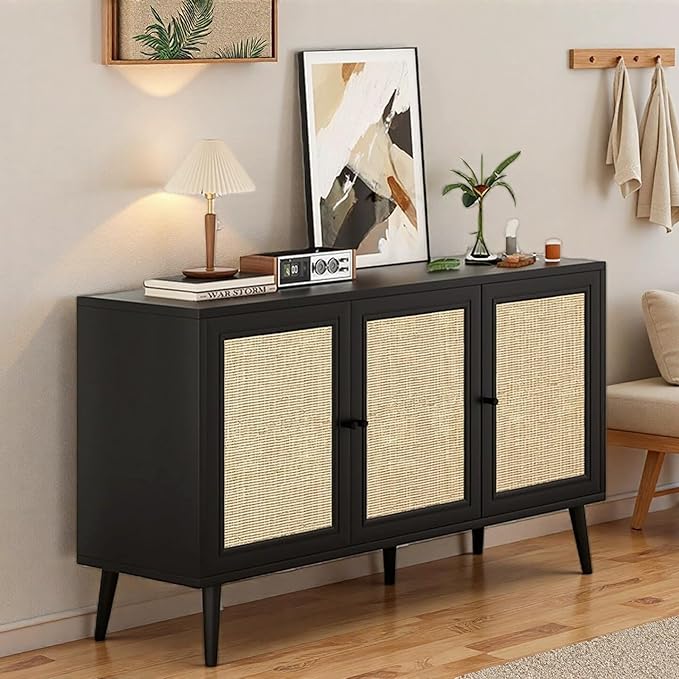 47" Rattan-Door Sideboard Cabinet with Shelf, 3-Door TV Stand Credenza Buffet with Generous Storage, Modern Accent Cabinet for Living Room & Kitchen, Black