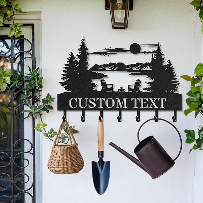 Personalized Key Holder for Wall, Custom Metal Forest Camp Cabin Key Hooks with Name, Metal Jacket Holder Hooks Organizer Rack, Coat Hanger Decor for Kitchen, Entryway, Hallway