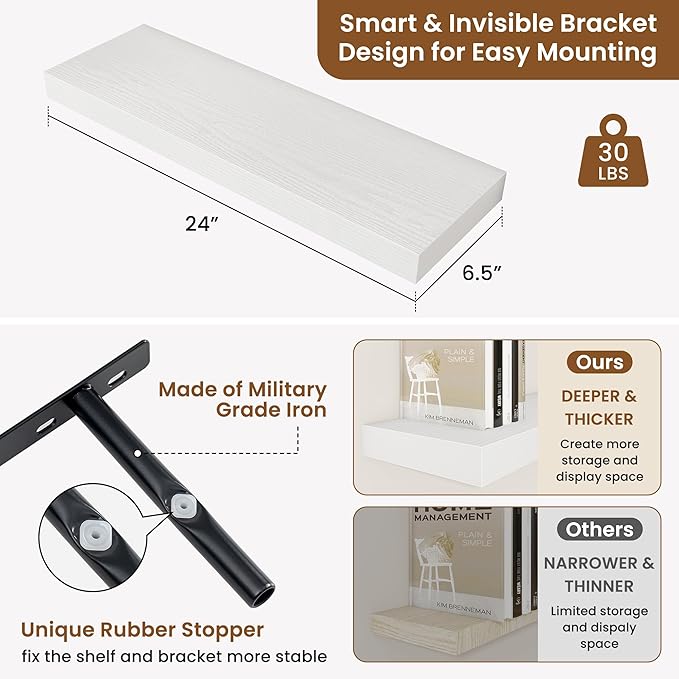 fuqing Floating Shelves for Wall, Wall Mounted Wood Floating Shelf with Invisible Brackets for Living Room, Bathroom, Bedroom, Kitchen Storage and Decor, 24 Inch Set of 2, White