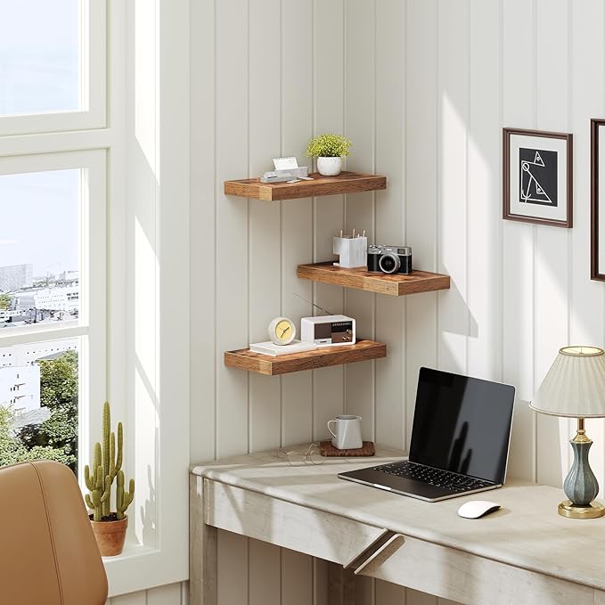 Floating Shelves for Wall, 1.5" Thick Wall Shelf Set of 3 with Invisible Brackets, 15.7L x 7.9W Hanging Shelves Farmhouse Home Decor for Bathroom, Living Room, Bedroom, Rustic Brown 4301BJP3BF
