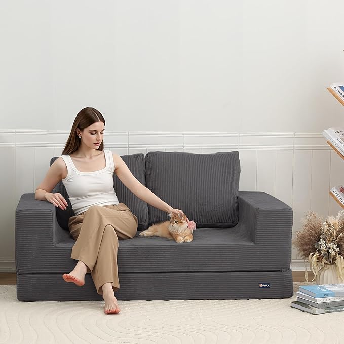 COMAX Convertible Sofa Bed Queen, Folding Fold Out Couch Bed, Floor Futon Couch Corduroy with Back Pillows, Boneless Sofa Comfy Lounge Sleeper Mattress Loveseat for Living Room Bedroom, Grey